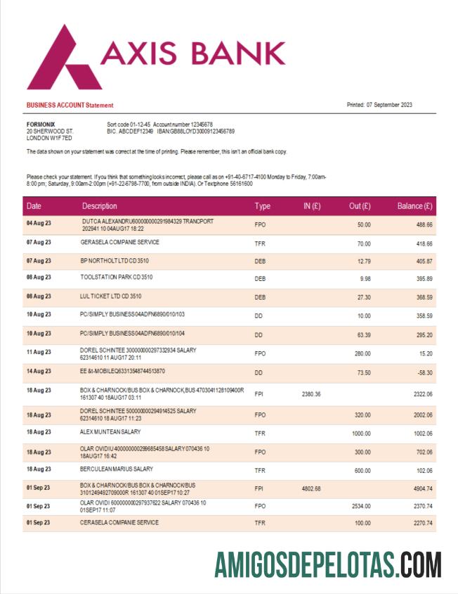 Imprimível Axis Bank Enterprise Statement modelo Word e PDF